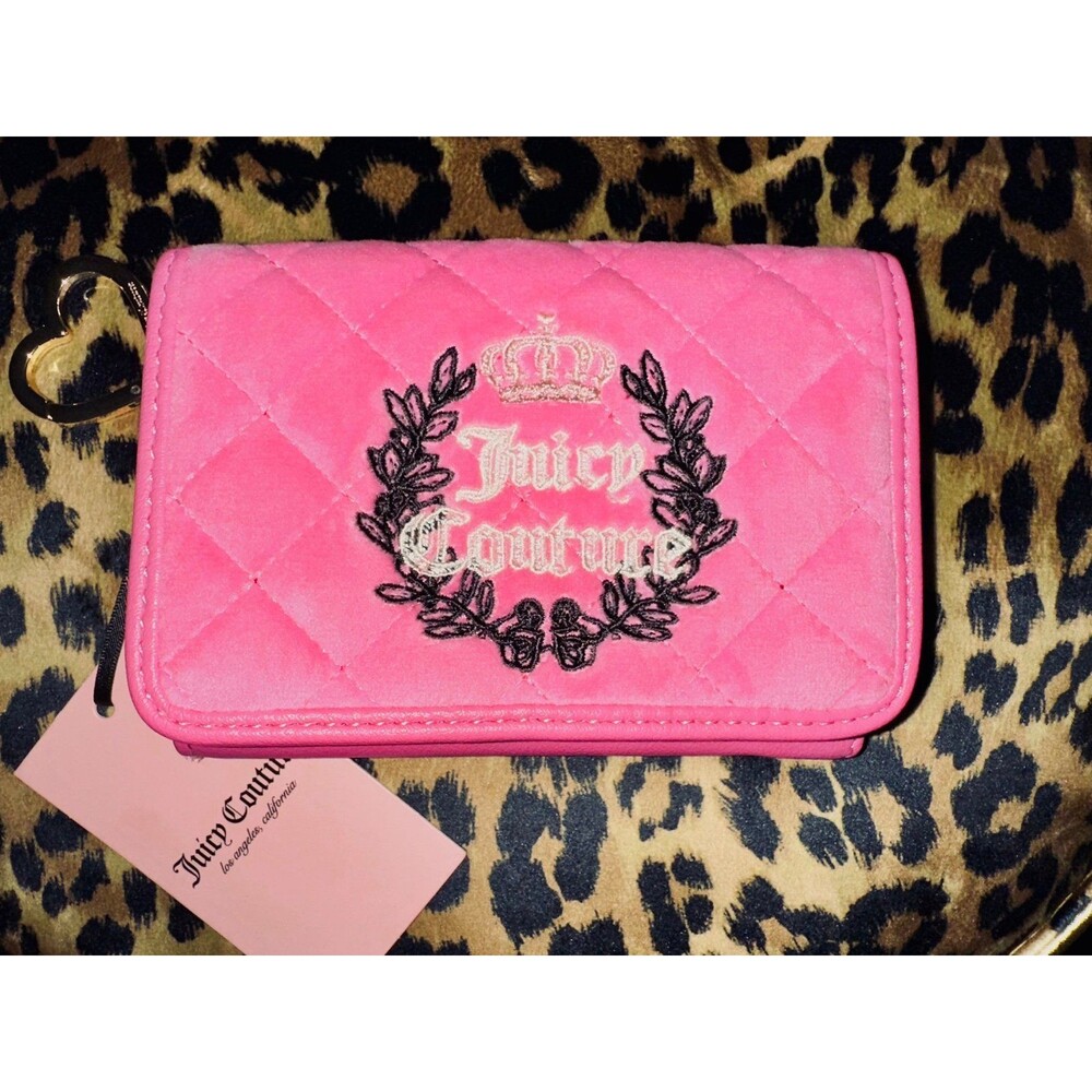 Juicy Couture Royal Couture Double Sided Trifold Wallet Quilted Velvet Pink New